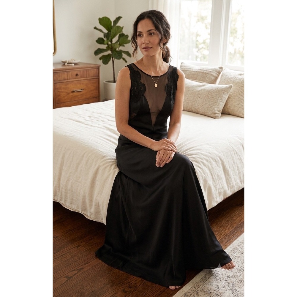 Vtg Blanche by Ralph Montenero Black Sheer Lace Long Nightgown Slip Dress S USA